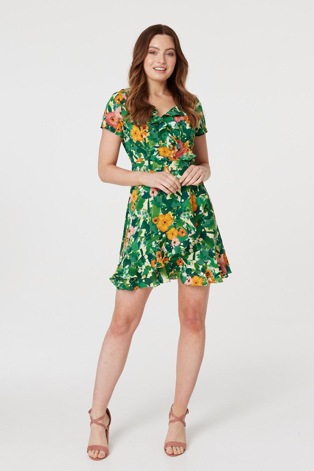 Green | Floral V-Neck Short Skater Dress