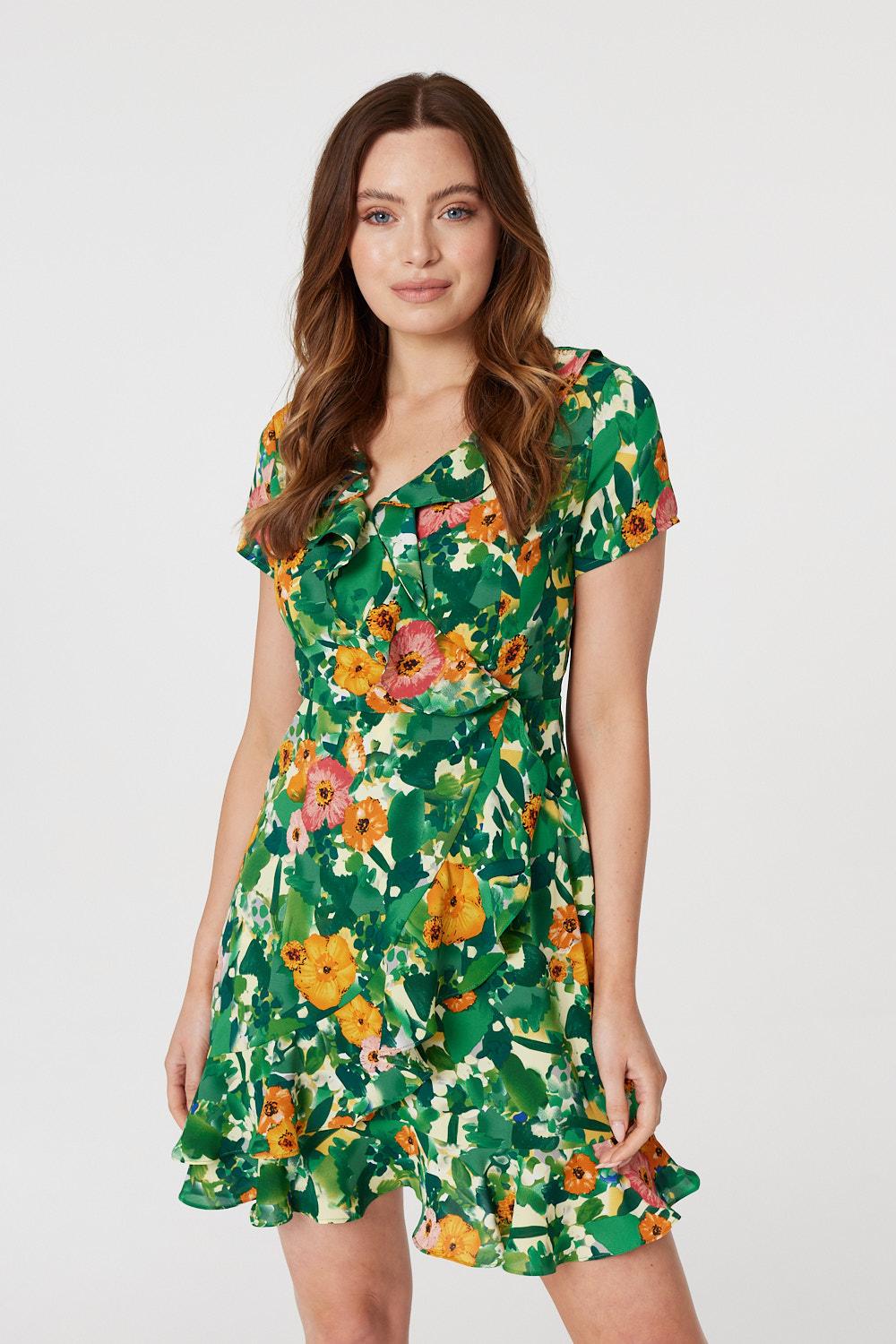 Green | Floral V-Neck Short Skater Dress