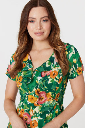 Green | Floral V-Neck Short Skater Dress