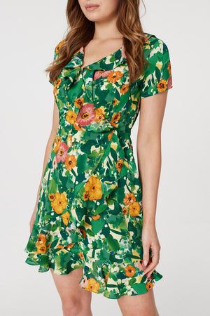 Green | Floral V-Neck Short Skater Dress
