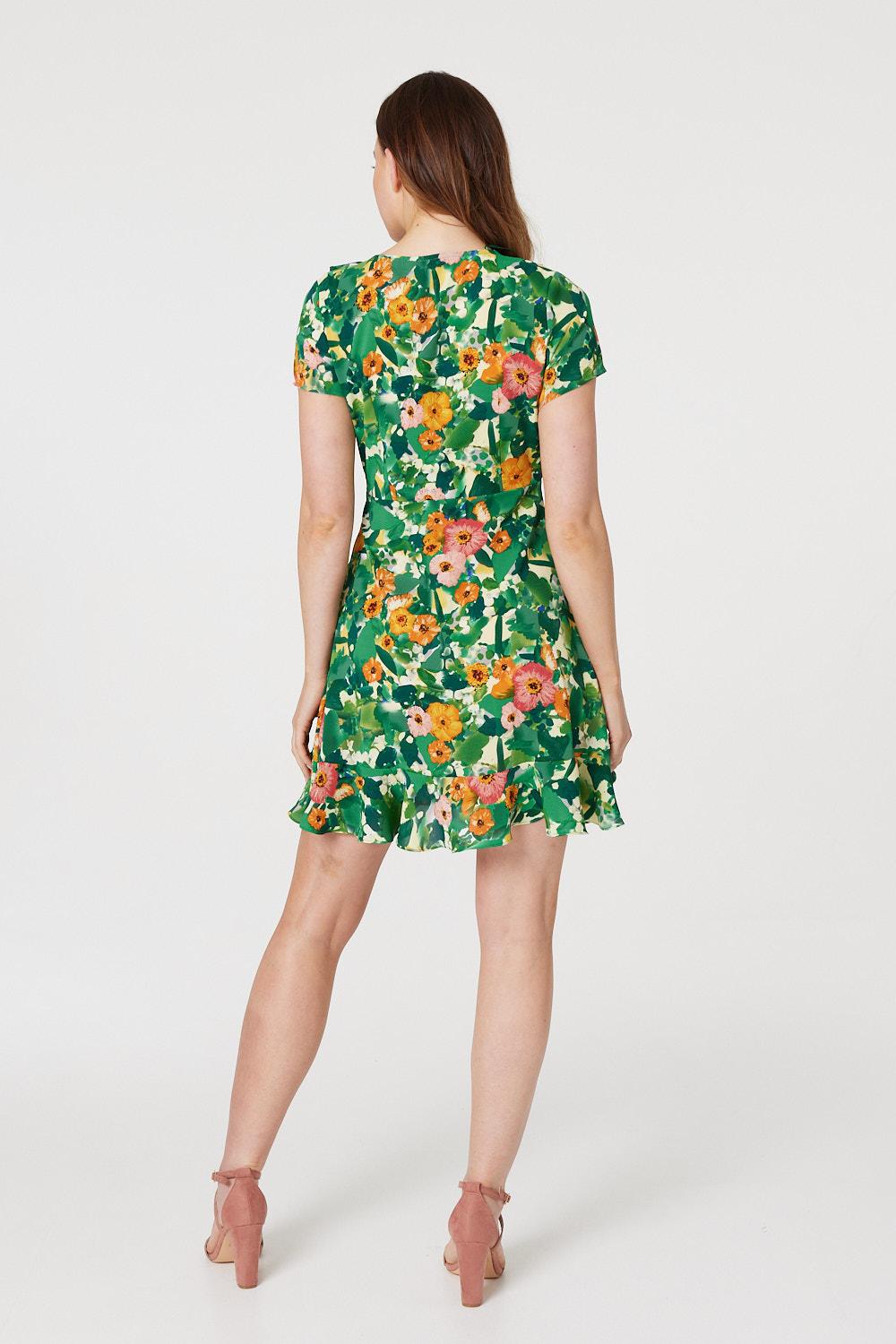 Green | Floral V-Neck Short Skater Dress