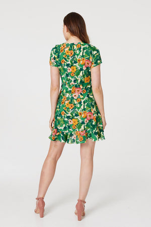 Green | Floral V-Neck Short Skater Dress