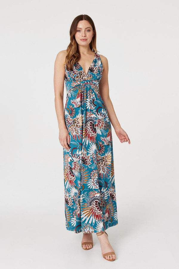 Teal | Feather Print Empire Maxi Dress