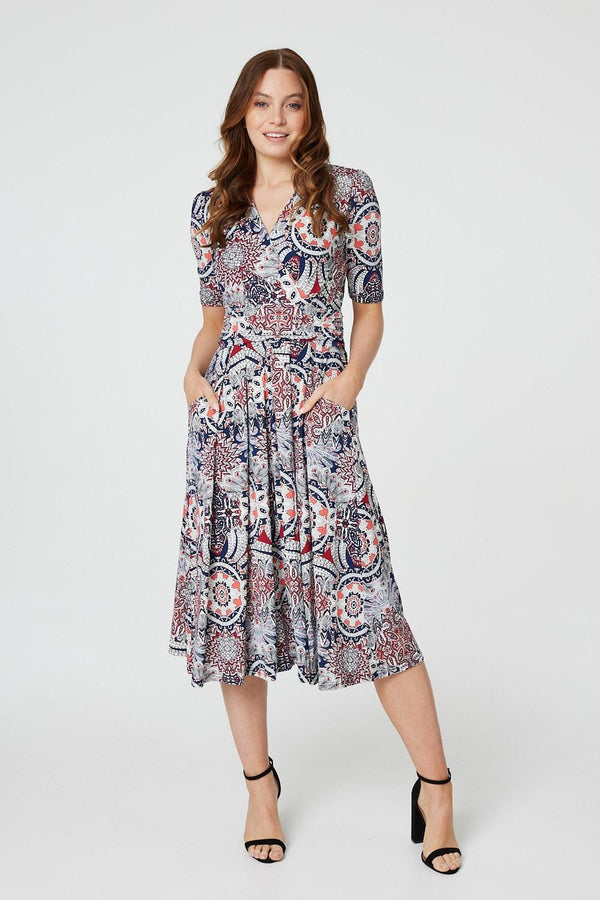 Blue | Mosaic Print Ruched Midi Dress