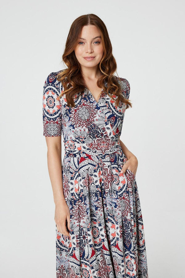 Blue | Mosaic Print Ruched Midi Dress