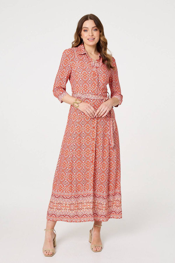 Orange | Geo Print Tie Waist Maxi Shirt Dress

