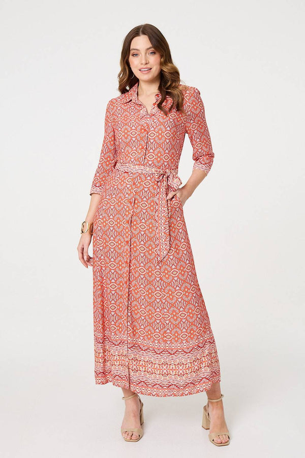 Orange | Geo Print Tie Waist Maxi Shirt Dress
