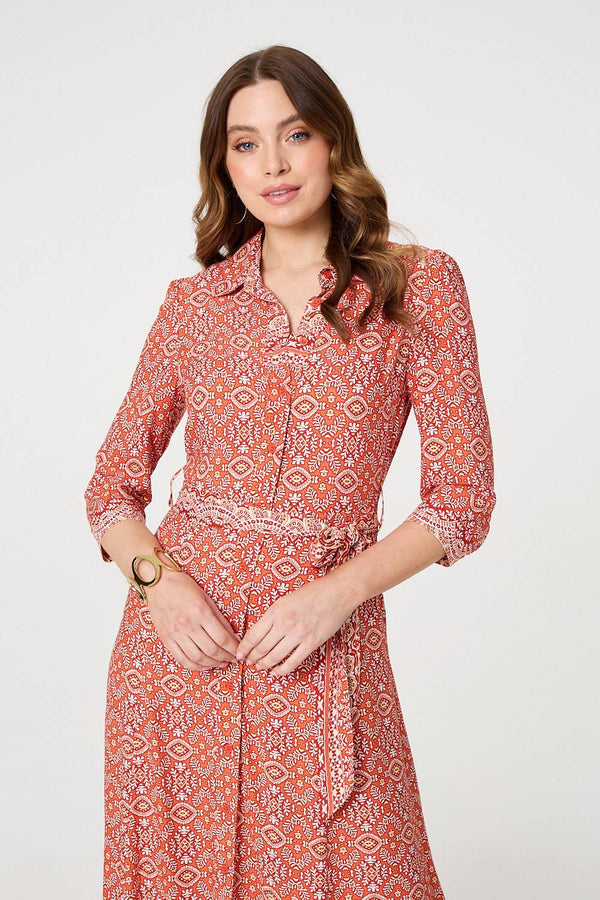 Orange | Geo Print Tie Waist Maxi Shirt Dress
