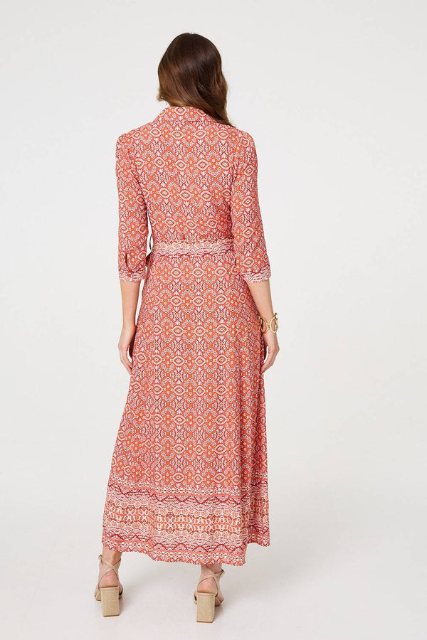 Orange | Geo Print Tie Waist Maxi Shirt Dress
