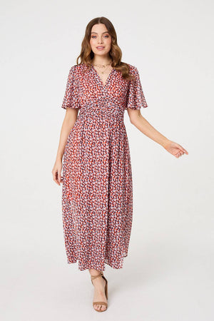 Orange | Printed 1/2 Sleeve Ruched Midi Dress
