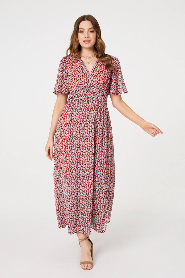 Orange | Printed 1/2 Sleeve Ruched Midi Dress
