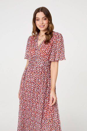 Orange | Printed 1/2 Sleeve Ruched Midi Dress
