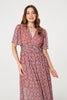 Orange | Printed 1/2 Sleeve Ruched Midi Dress
