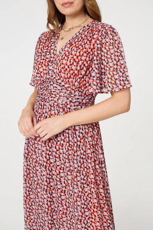 Orange | Printed 1/2 Sleeve Ruched Midi Dress
