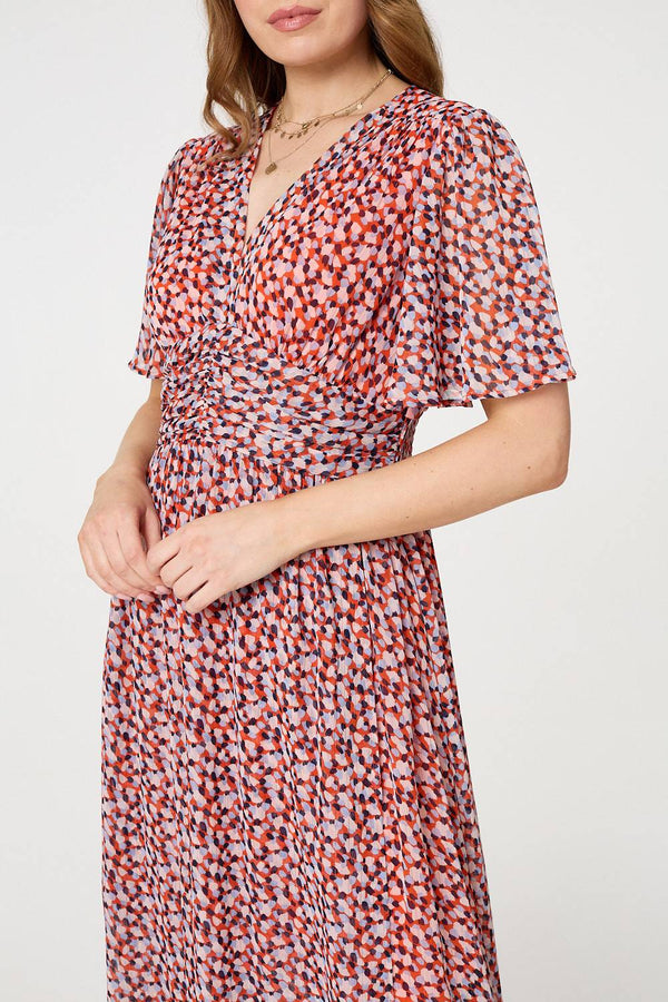 Orange | Printed 1/2 Sleeve Ruched Midi Dress
