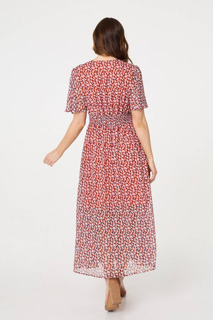 Orange | Printed 1/2 Sleeve Ruched Midi Dress
