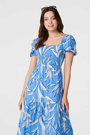 Blue | Leaf Print Smocked Midi Dress