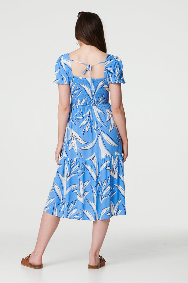 Blue | Leaf Print Smocked Midi Dress