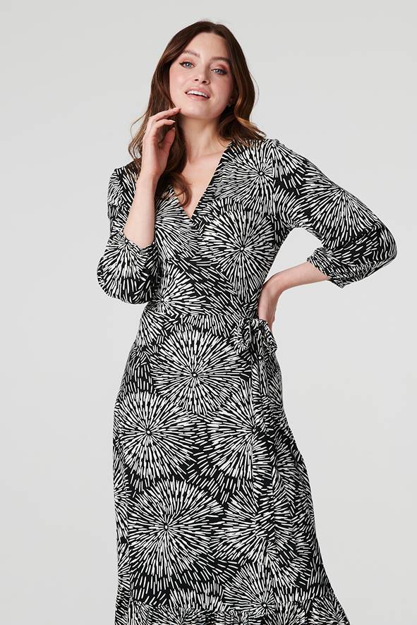 Printed 3/4 Sleeve Midi Wrap Dress | Izabel London
