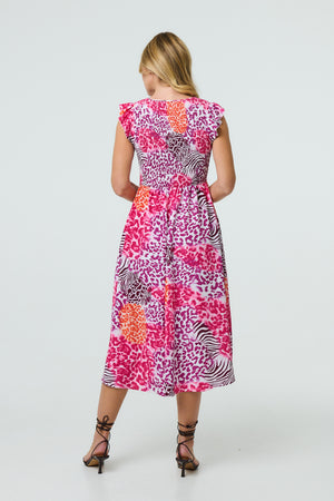 Pink | Animal Print Cap Sleeve Smocked Midi Dress
