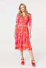 Orange | Floral Mesh Ruched Midi Faux Wrap Dress