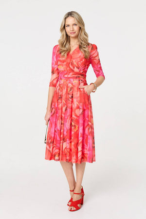 Orange | Floral Mesh Ruched Midi Faux Wrap Dress