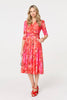 Orange | Floral Mesh Ruched Midi Faux Wrap Dress