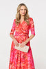 Orange | Floral Mesh Ruched Midi Faux Wrap Dress