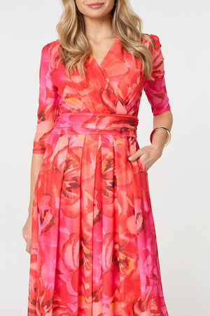 Orange | Floral Mesh Ruched Midi Faux Wrap Dress