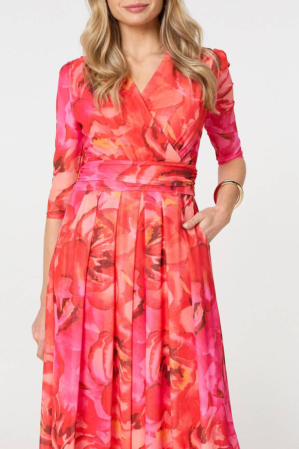 Orange | Floral Mesh Ruched Midi Faux Wrap Dress