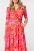 Orange | Floral Mesh Ruched Midi Faux Wrap Dress