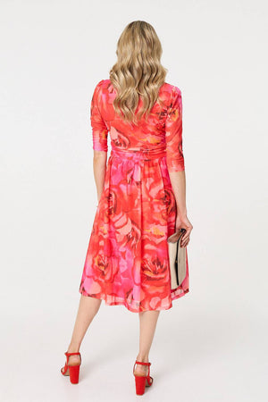 Orange | Floral Mesh Ruched Midi Faux Wrap Dress