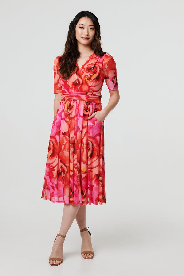 Orange | Floral Mesh Ruched Midi Faux Wrap Dress : Model is 5'9"/175 cm and wears UK8/EU36/US4/AUS8

