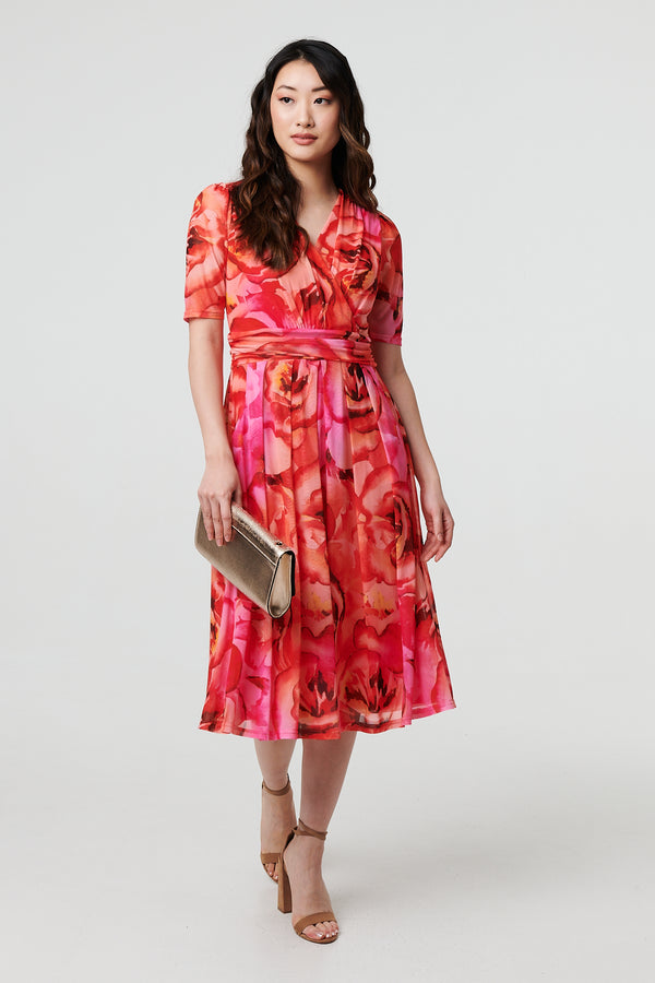 Orange | Floral Mesh Ruched Midi Faux Wrap Dress
