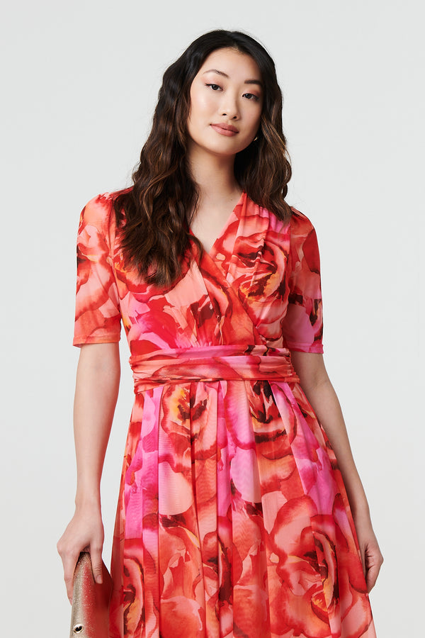 Orange | Floral Mesh Ruched Midi Faux Wrap Dress
