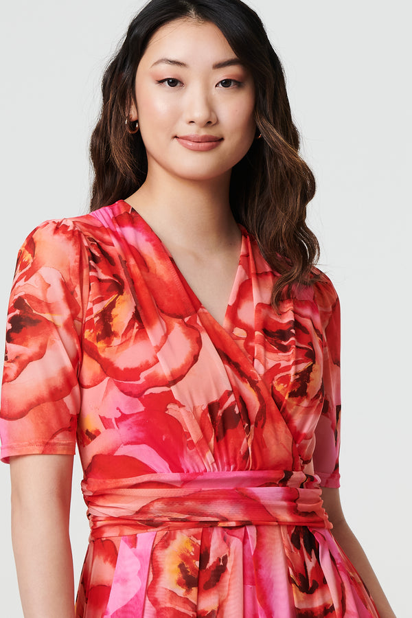 Orange | Floral Mesh Ruched Midi Faux Wrap Dress
