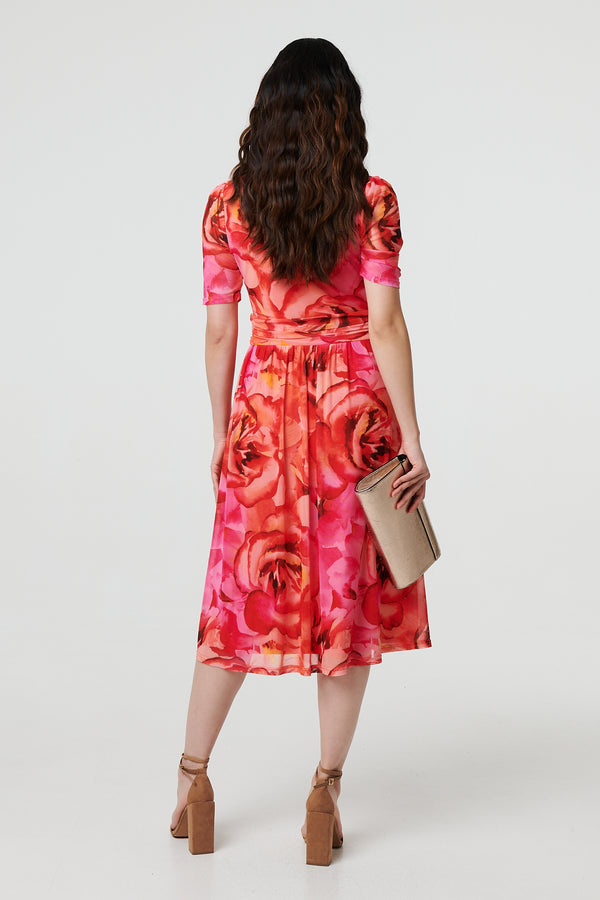 Orange | Floral Mesh Ruched Midi Faux Wrap Dress
