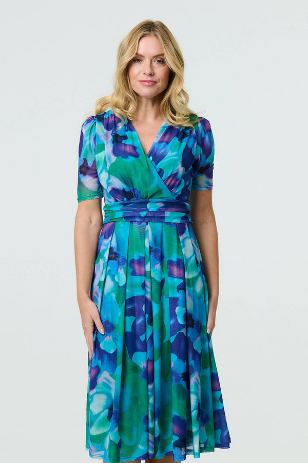 Blue | Printed Short Sleeve Pleated Wrap Midi Dress
