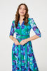 Blue | Printed Short Sleeve Pleated Wrap Midi Dress
