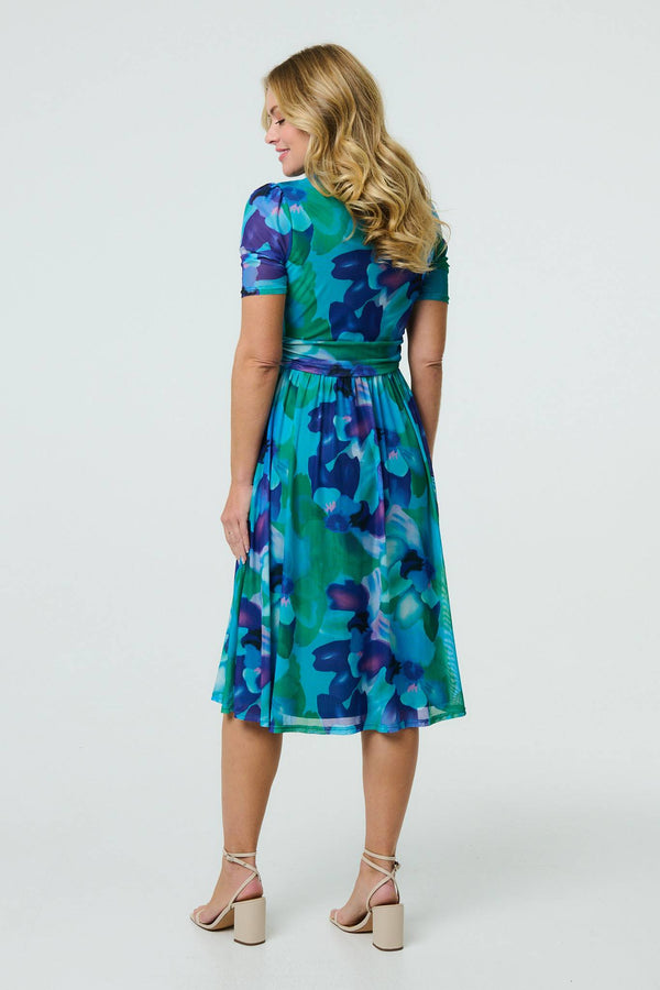 Blue | Printed Short Sleeve Pleated Wrap Midi Dress
