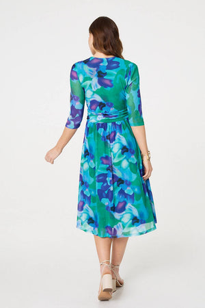 Blue | Printed Short Sleeve Pleated Wrap Midi Dress
