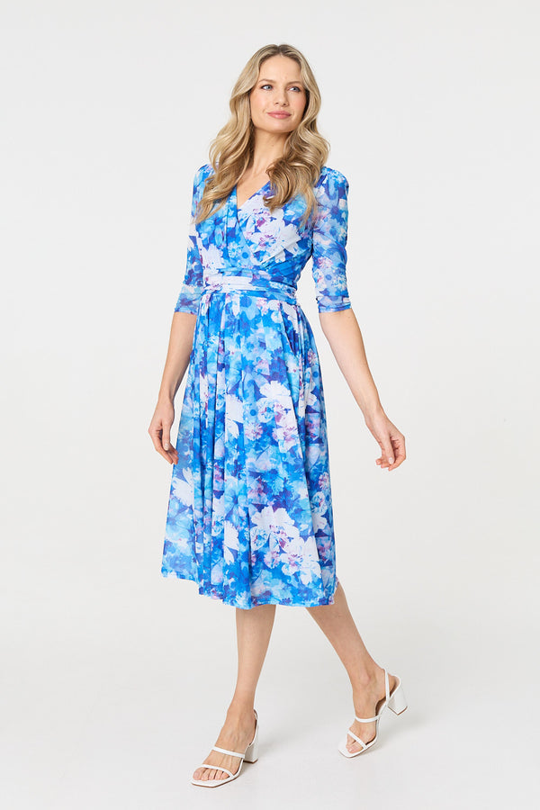 Blue | Floral Mesh Pleated Faux Wrap Midi Dress