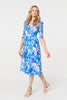 Blue | Floral Mesh Pleated Faux Wrap Midi Dress