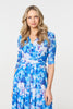 Blue | Floral Mesh Pleated Faux Wrap Midi Dress