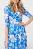 Blue | Floral Mesh Pleated Faux Wrap Midi Dress