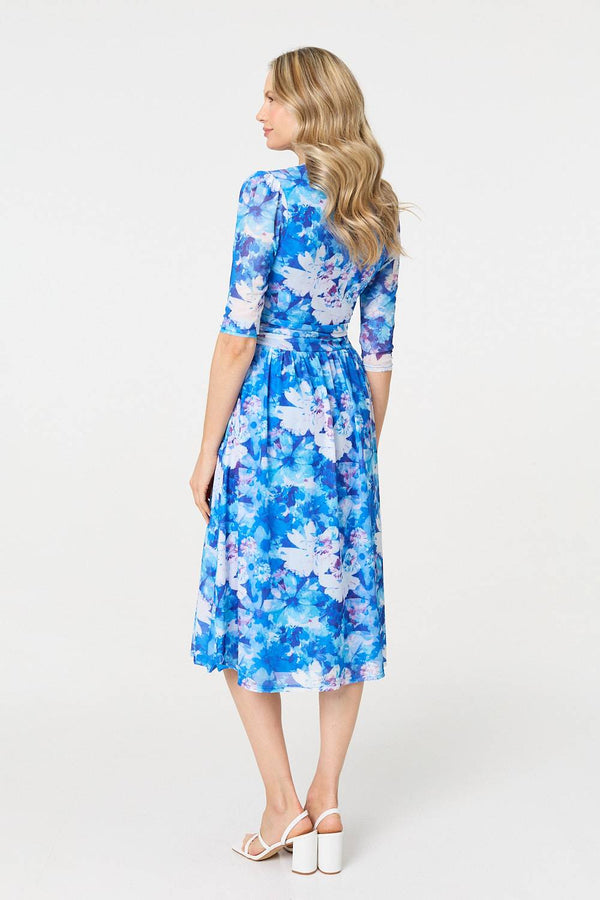 Blue | Floral Mesh Pleated Faux Wrap Midi Dress