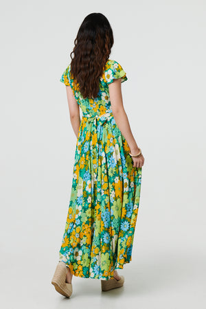 Green | Floral Ruched Cap Sleeve Maxi Dress
