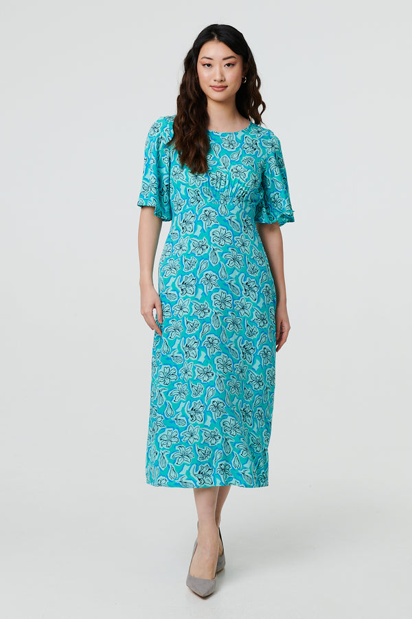 Green | Floral 1/2 Flare Sleeve Midi Dress
