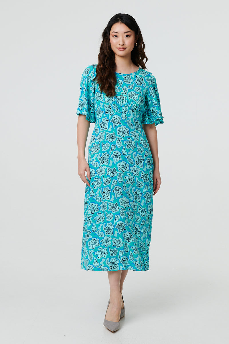 Floral 1/2 Flare Sleeve Midi Dress | Izabel London Floral 1/2 Flare Sleeve Midi Dress | Izabel London