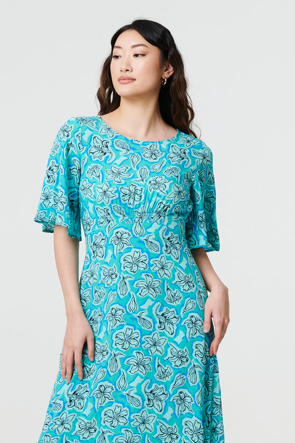 Green | Floral 1/2 Flare Sleeve Midi Dress
